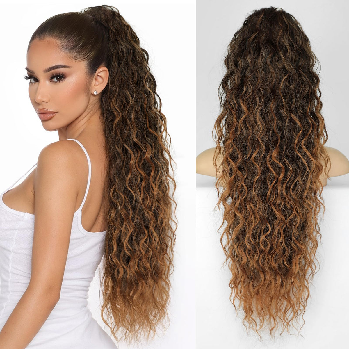 KooKaStyle Long Medium Brown Curly Synthetic Drawstring Ponytail Extension