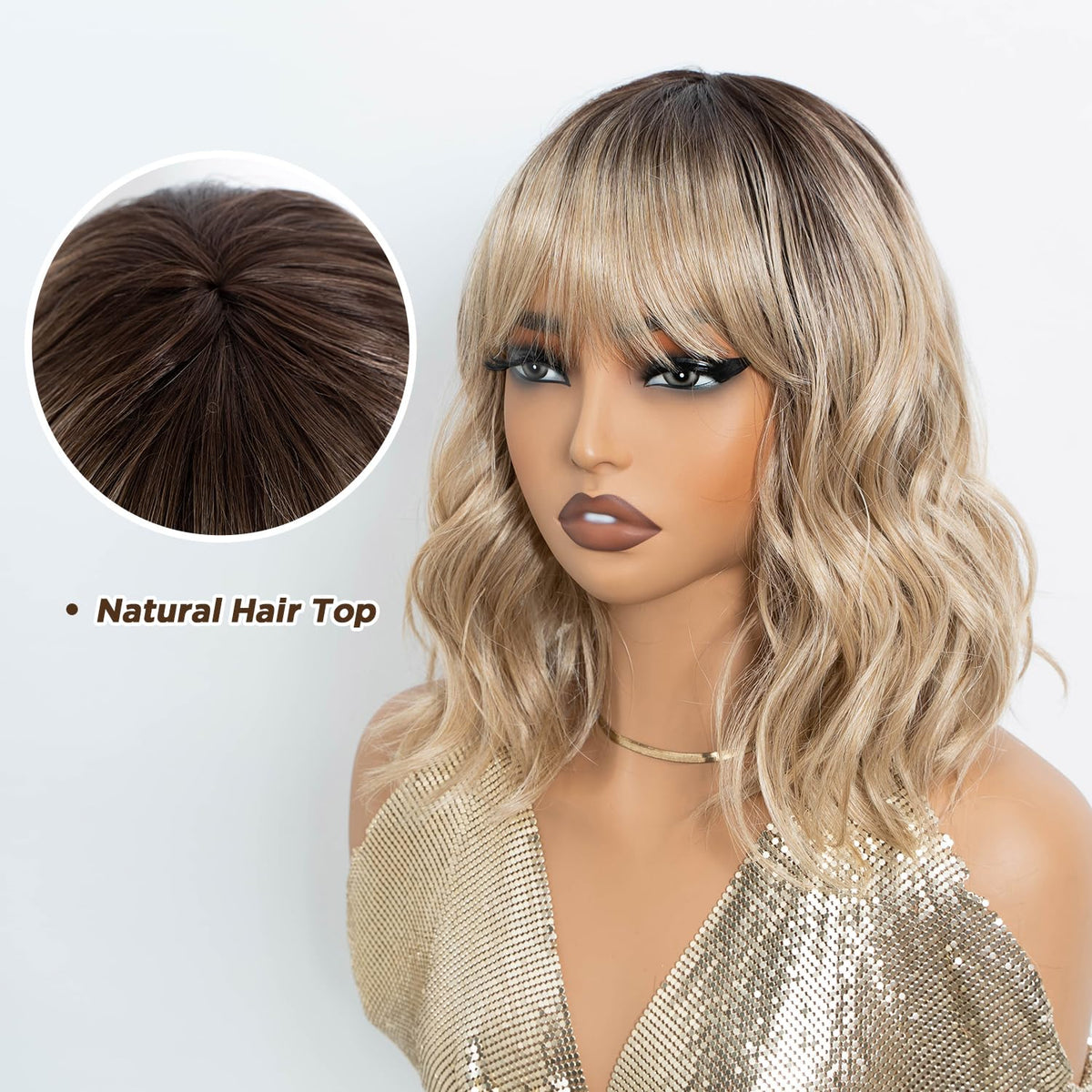 NOBLE Blue Wig with Bangs 12 Inches Short Bob Curly Wig Blue Wigs for Women Colorful Wavy Bob Wigs with Air Bangs Heat Resistant Synthetic Silver Blue Halloween Wigs for Cosplay Party