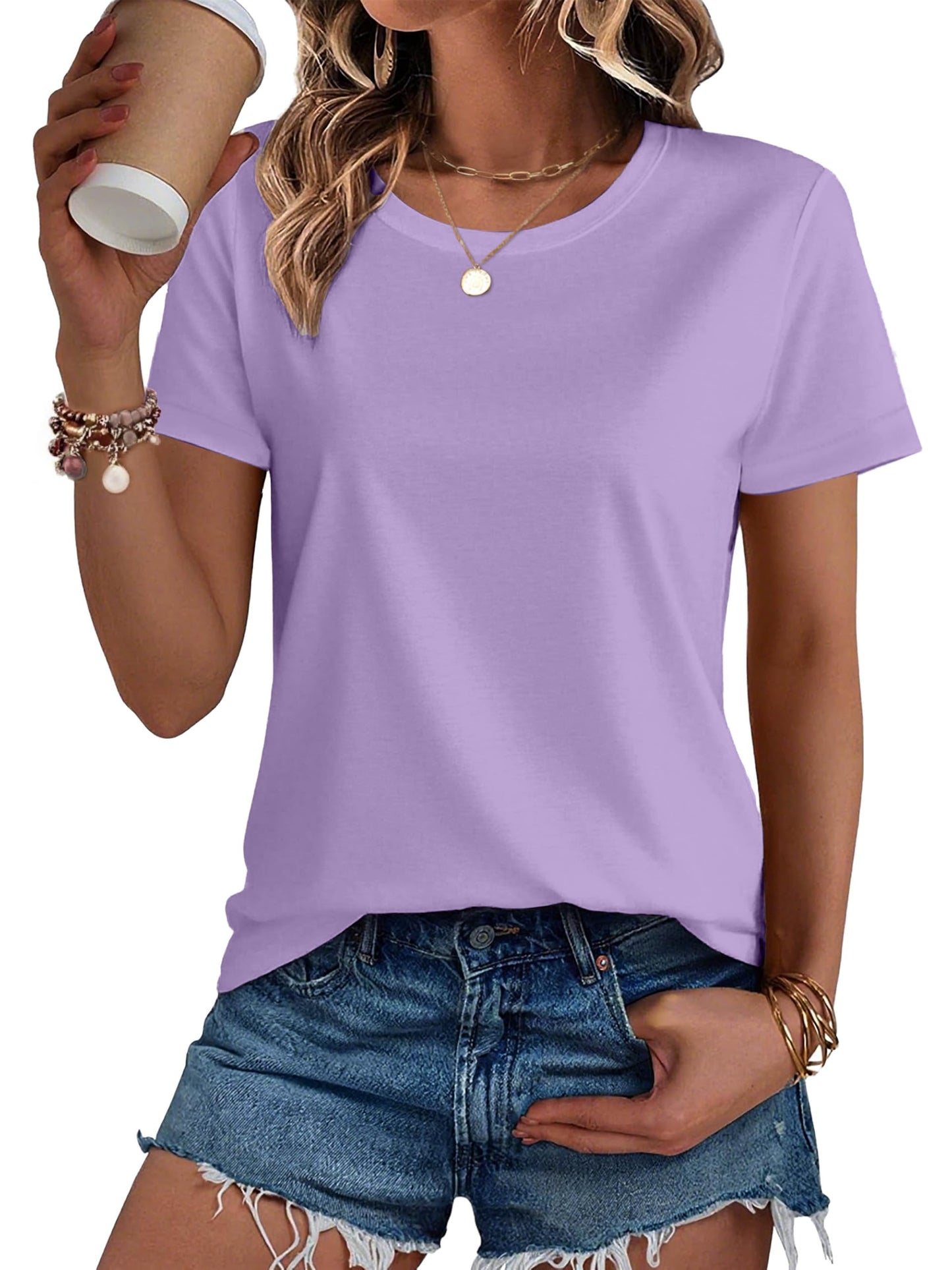 SMENG Women's Cotton Crewneck T-Shirts Short Sleeve Basic Solid Color Tee Classic-Fit Shirt Breathable Comfy Summer Top