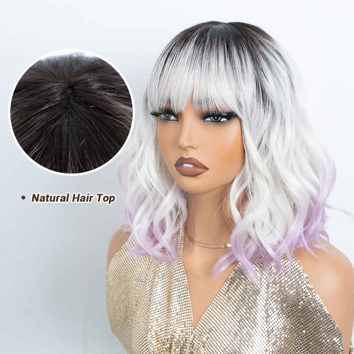 NOBLE Blue Wig with Bangs 12 Inches Short Bob Curly Wig Blue Wigs for Women Colorful Wavy Bob Wigs with Air Bangs Heat Resistant Synthetic Silver Blue Halloween Wigs for Cosplay Party