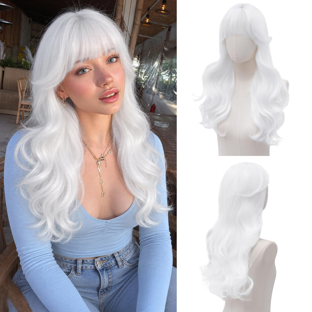 Rooted Honey Wig with Bangs for Women 24 Inch Long Wavy Synthetic Hair