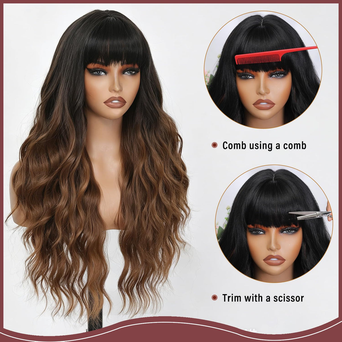 Burgundy Wig with Bangs for Women, Long Wavy Red Wig 26 Inch Wigs Heat Resistant Sythetic Wig for Daily Party Use