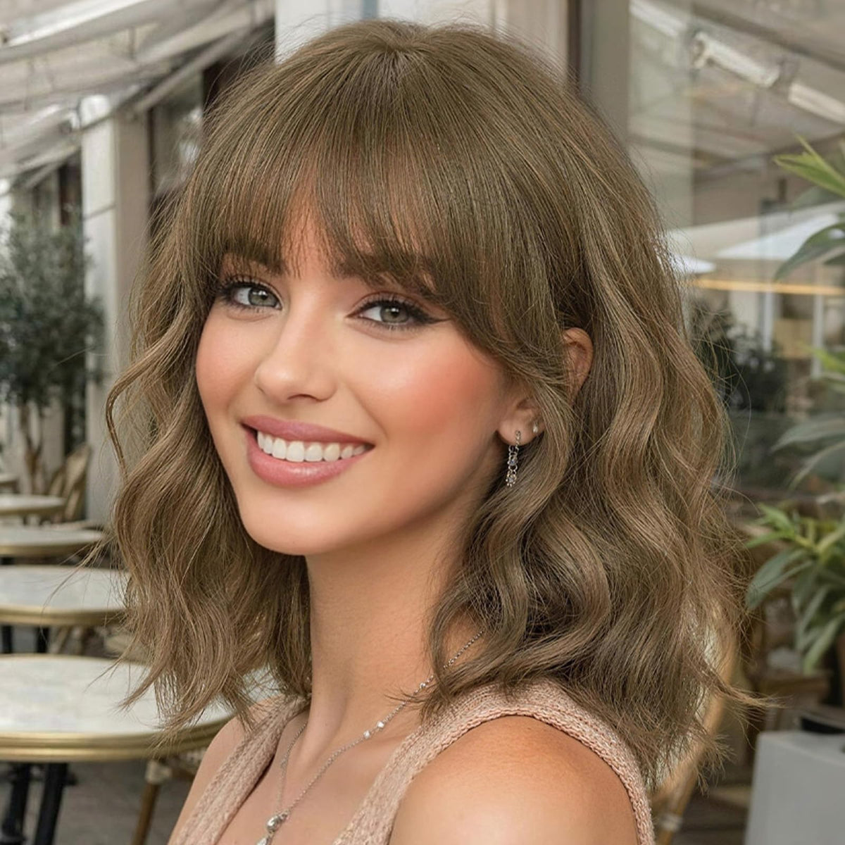 Nnzes Short Wavy Bob Wig with Bangs for Women Shoulder Length Curly Dark Brown with Purple Synthetic Heat-Resistant Fiber Hair for Daily & Party Use
