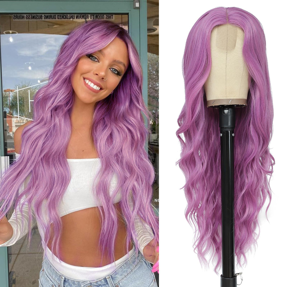 NAYOO Ice Blue Wig for Women, 26 Inch Middle Part Wavy Synthetic Wig