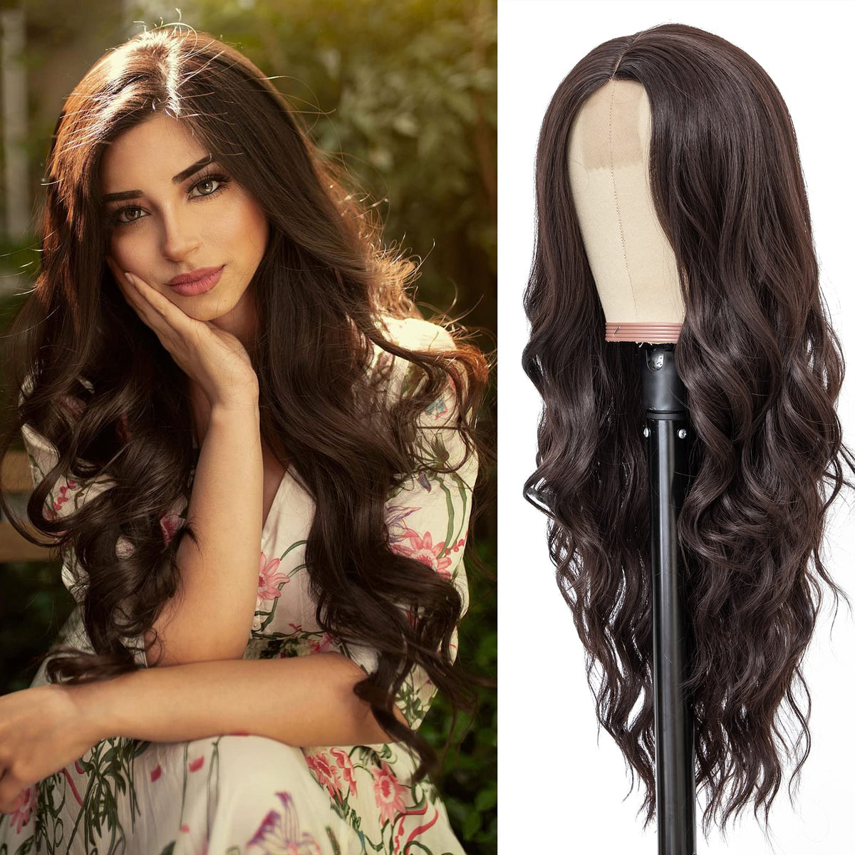 NAYOO 26 Inch Long Wavy Black Wig for Women, Middle Part Natural Looking Synthetic Wig, Heat Resistant Fiber Soft & Lightweight, Realistic Scalp Long Curly Wig for Daily Wear Party Cosplay