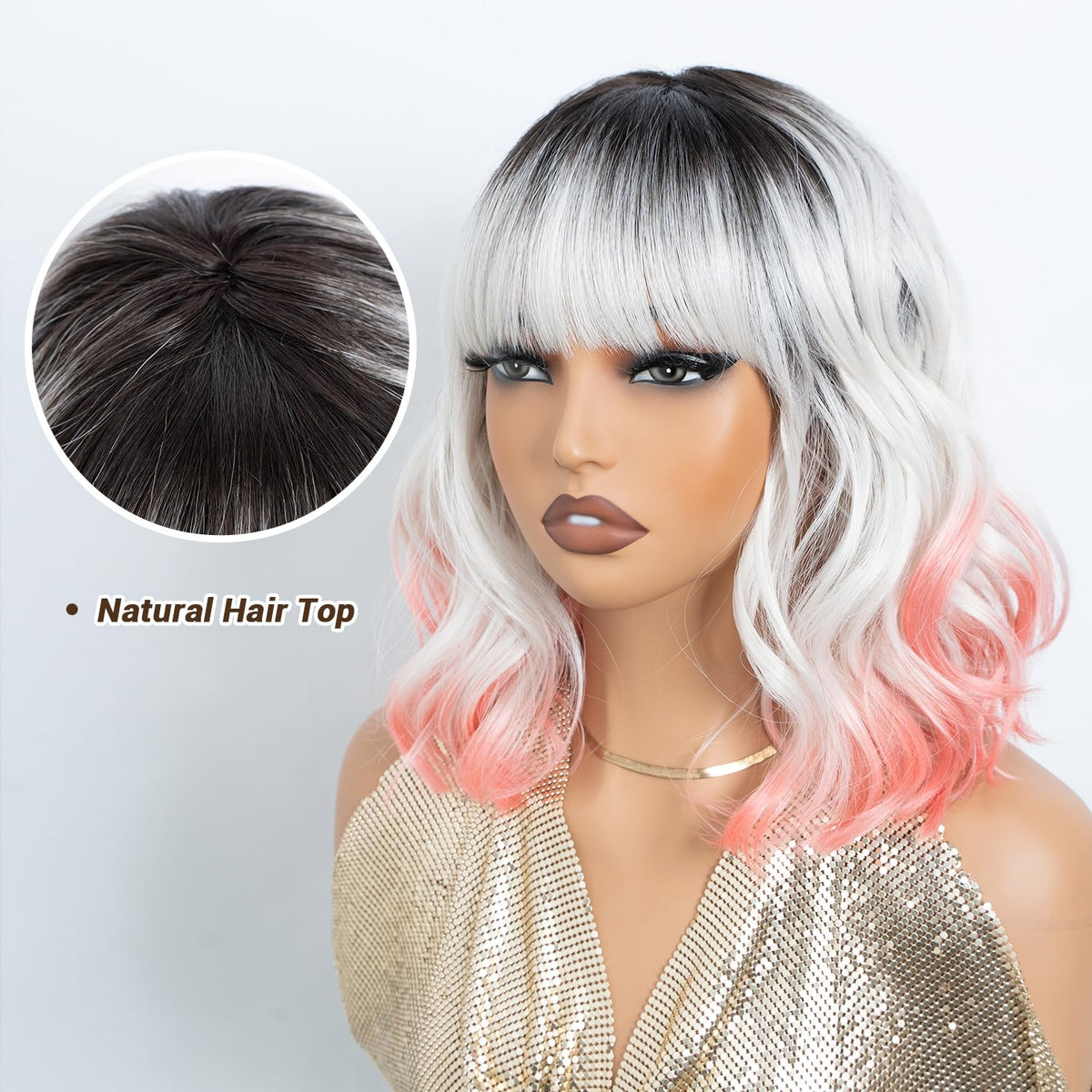 NOBLE Blue Wig with Bangs 12 Inches Short Bob Curly Wig Blue Wigs for Women Colorful Wavy Bob Wigs with Air Bangs Heat Resistant Synthetic Silver Blue Halloween Wigs for Cosplay Party