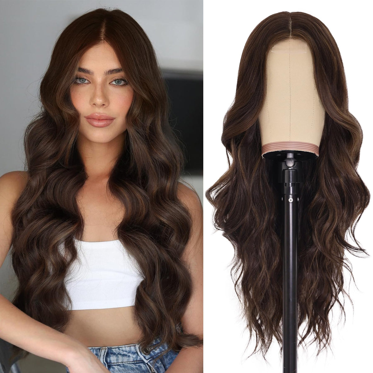 NAYOO Ice Blue Wig for Women, 26 Inch Middle Part Wavy Synthetic Wig