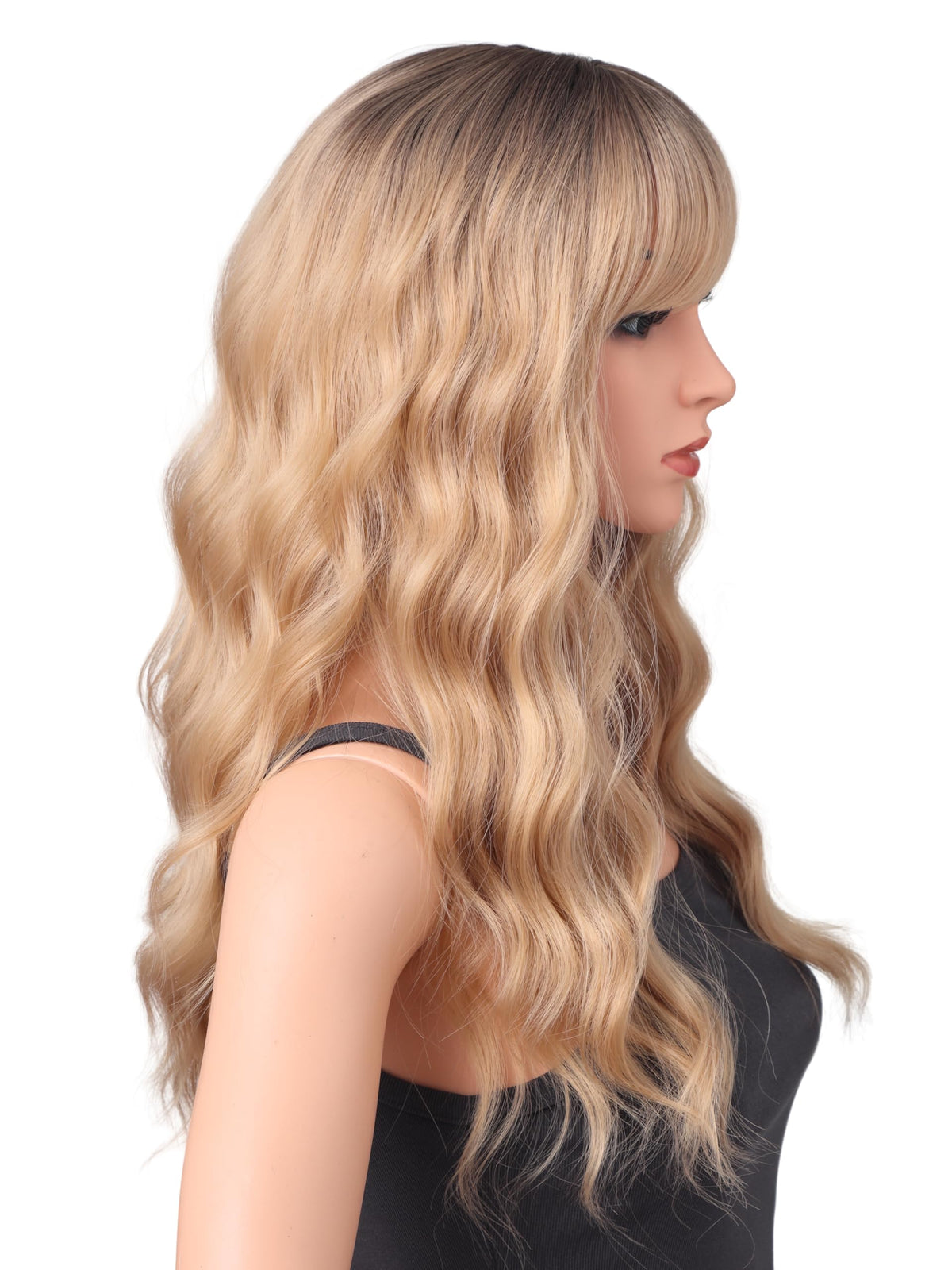 18 Inch Wavy Wig with Bangs – Black With Brown Highlights Heat Resistant Synthetic Hair, Soft Silky & Natural Looking for Women