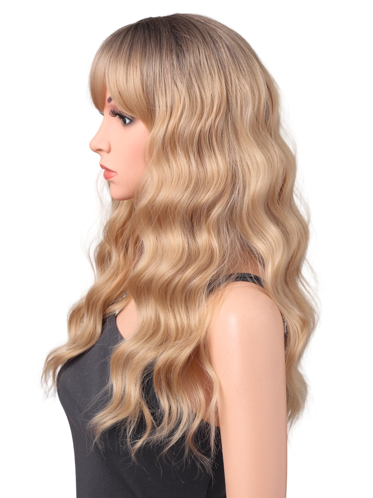 18 Inch Wavy Wig with Bangs – Black With Brown Highlights Heat Resistant Synthetic Hair, Soft Silky & Natural Looking for Women