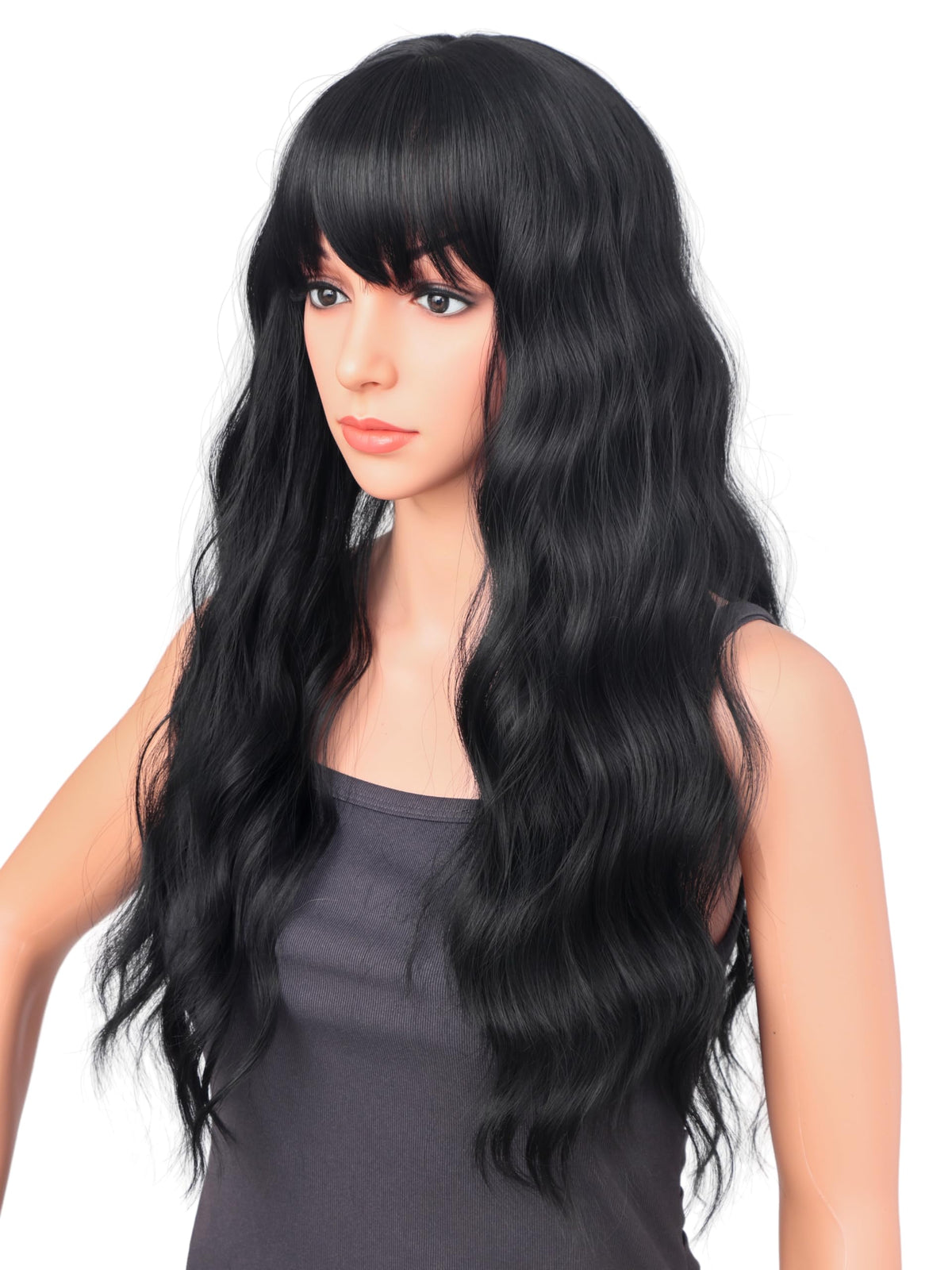 18 Inch Wavy Wig with Bangs – Black With Brown Highlights Heat Resistant Synthetic Hair, Soft Silky & Natural Looking for Women