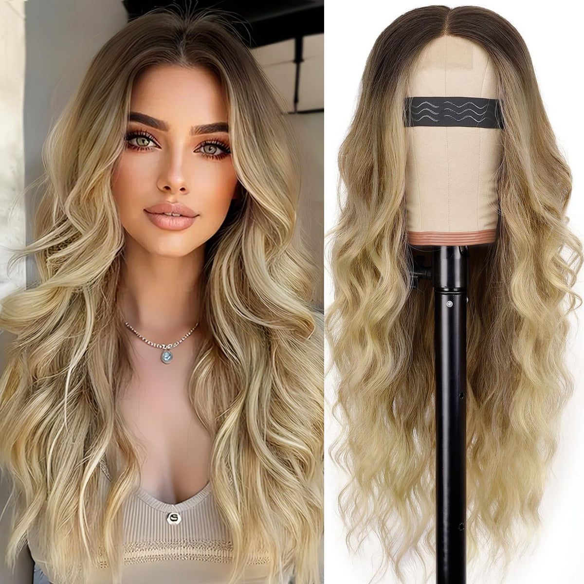 AISI HAIR Black Wig for Women, Long Wavy Lace Hairline Synthetic Wig 26Inch