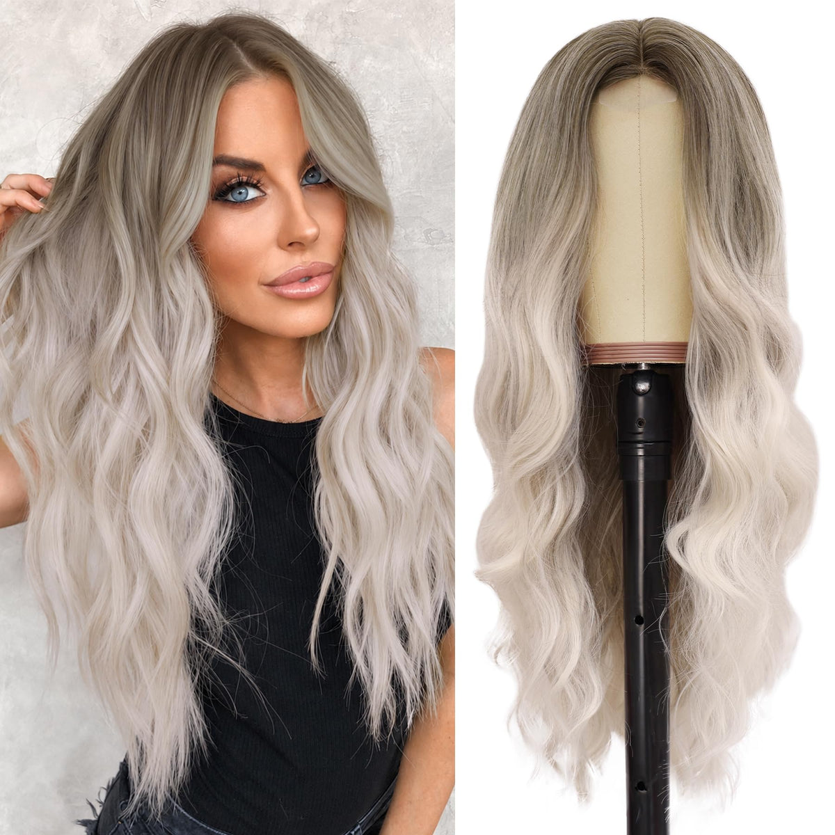 NAYOO Ice Blue Wig for Women, 26 Inch Middle Part Wavy Synthetic Wig