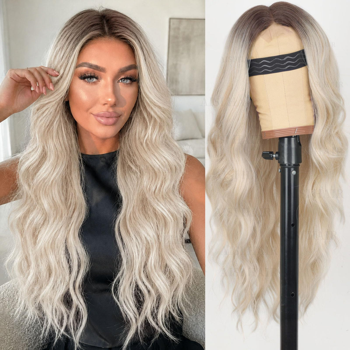 AISI HAIR Black Wig for Women, Long Wavy Lace Hairline Synthetic Wig 26Inch