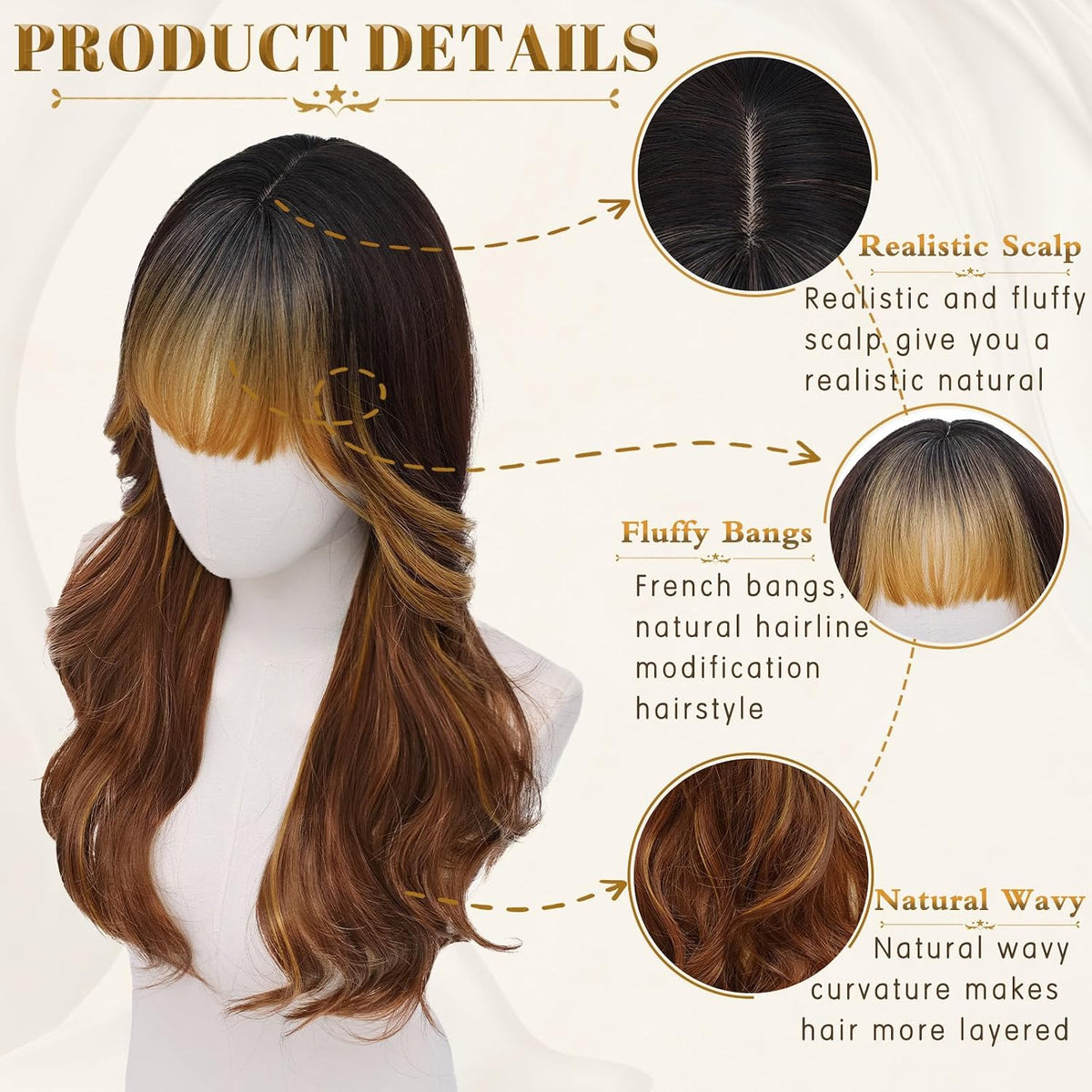 Rooted Honey Wig with Bangs for Women 24 Inch Long Wavy Synthetic Hair