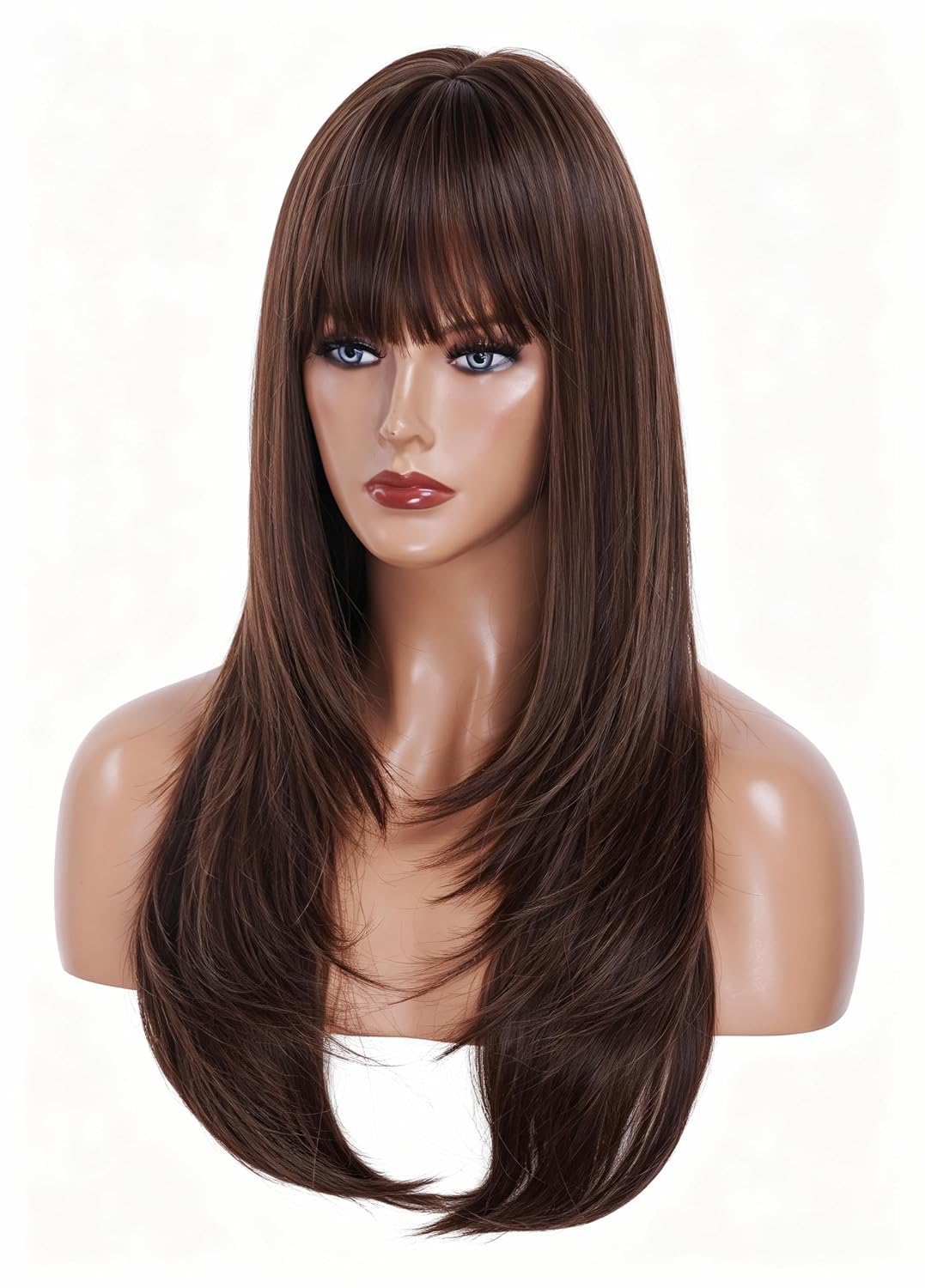 Long Brown Wigs for Women Long Wavy Wig with Bangs Natural looking Synthetic Fluffy Hair for Cosplay,Halloween,Daily Use