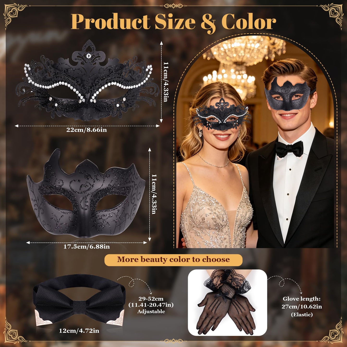 Masquerade Mask for Women Couples Metal Venetian Party Mask Mardi Gras Venetian Mask Evening Mask Halloween Accessory