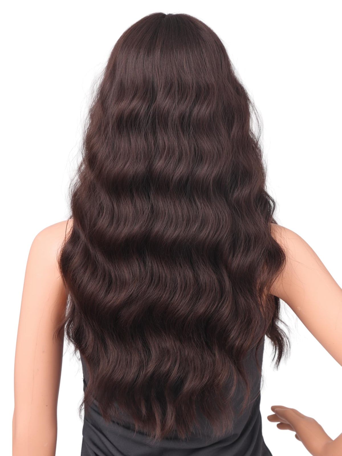 18 Inch Wavy Wig with Bangs – Black With Brown Highlights Heat Resistant Synthetic Hair, Soft Silky & Natural Looking for Women
