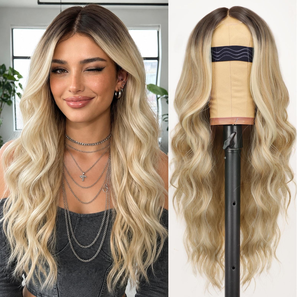 AISI HAIR Black Wig for Women, Long Wavy Lace Hairline Synthetic Wig 26Inch