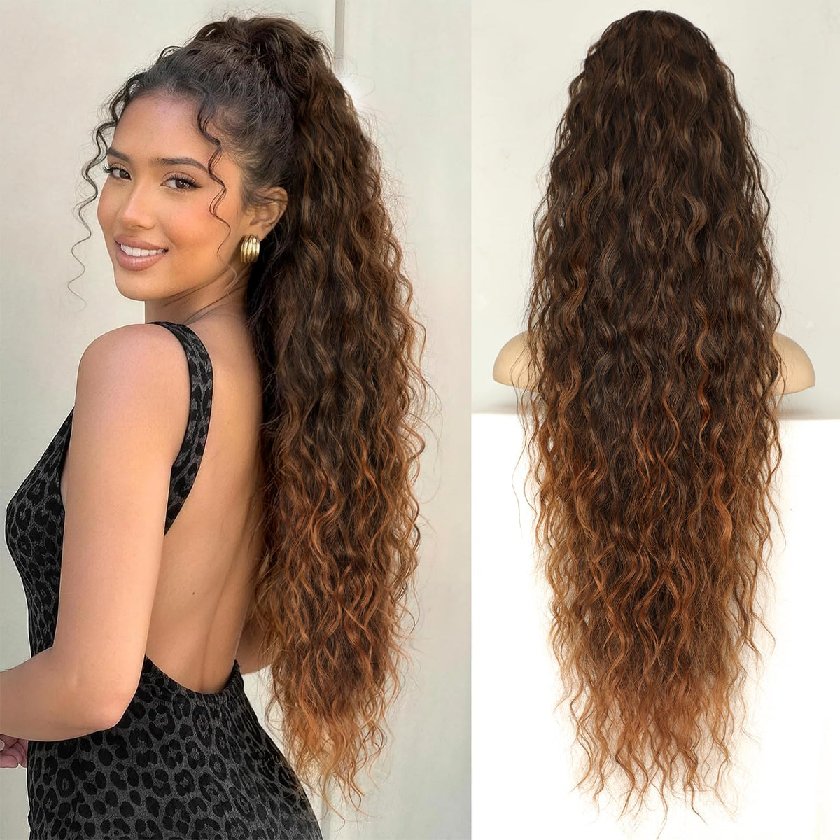KooKaStyle Long Medium Brown Curly Synthetic Drawstring Ponytail Extension