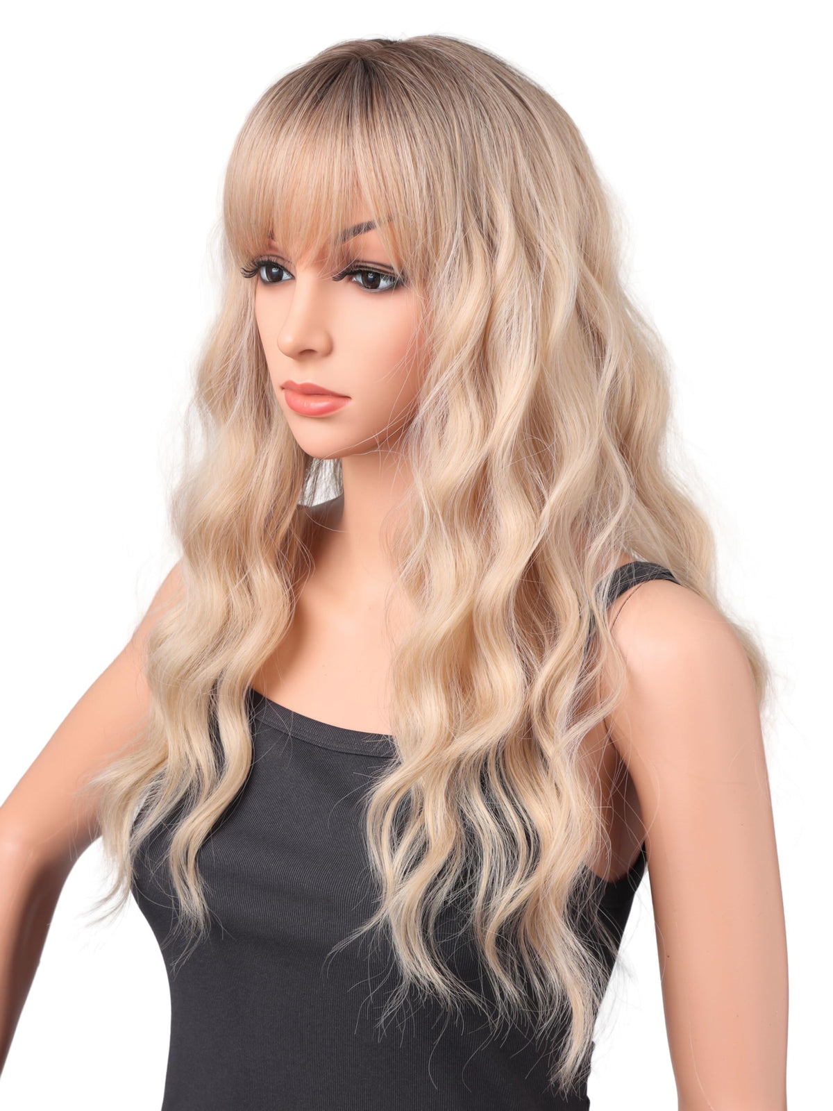 18 Inch Wavy Wig with Bangs – Black With Brown Highlights Heat Resistant Synthetic Hair, Soft Silky & Natural Looking for Women