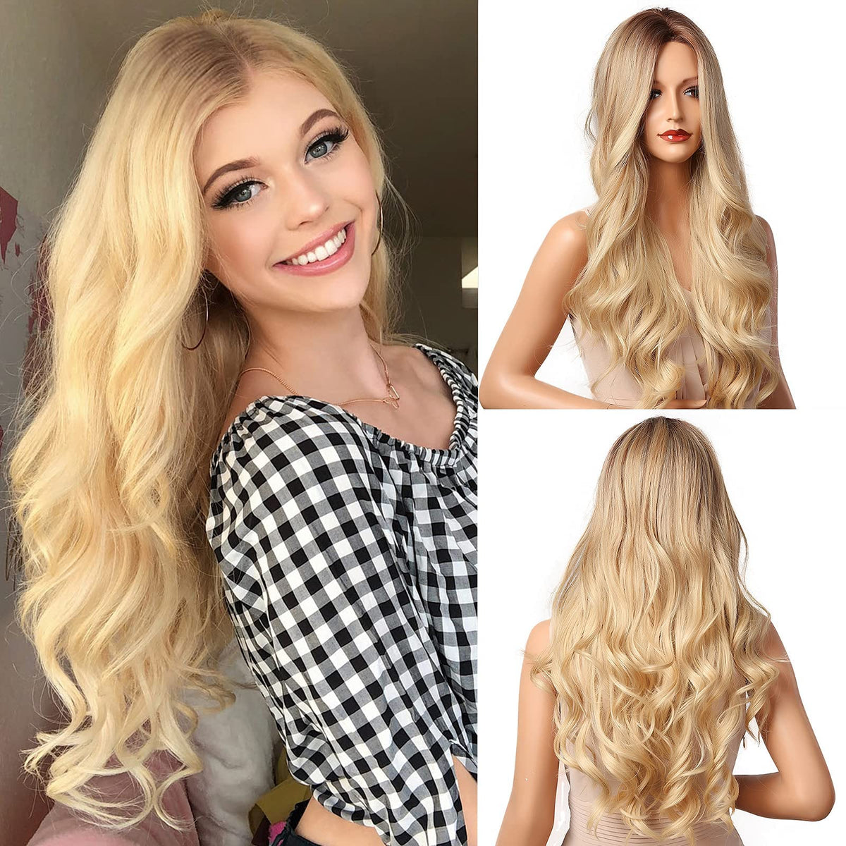 NAYOO 26 Inch Long Wavy Black Wig for Women, Middle Part Natural Looking Synthetic Wig, Heat Resistant Fiber Soft & Lightweight, Realistic Scalp Long Curly Wig for Daily Wear Party Cosplay