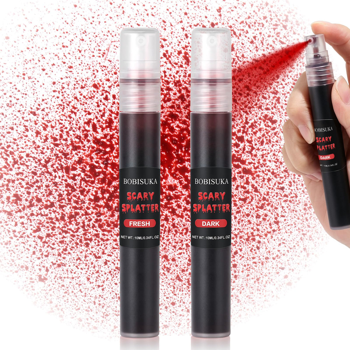 BOBISUKA Dark Fake Blood Spray– Splatter SFX Makeup Kit for Halloween, Cosplay, Zombie, Vampire, Clown, Scary Wounds, Easy Washable Formula – 0.34 fl.oz