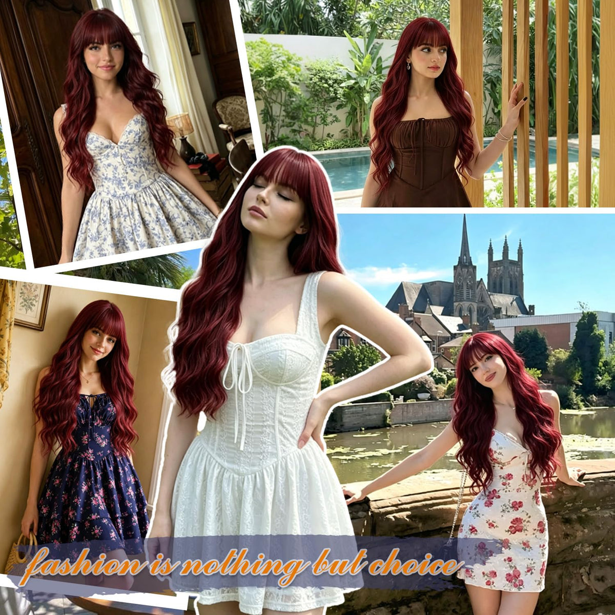 Burgundy Wig with Bangs for Women, Long Wavy Red Wig 26 Inch Wigs Heat Resistant Sythetic Wig for Daily Party Use
