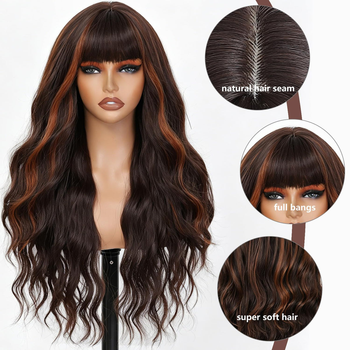 Burgundy Wig with Bangs for Women, Long Wavy Red Wig 26 Inch Wigs Heat Resistant Sythetic Wig for Daily Party Use
