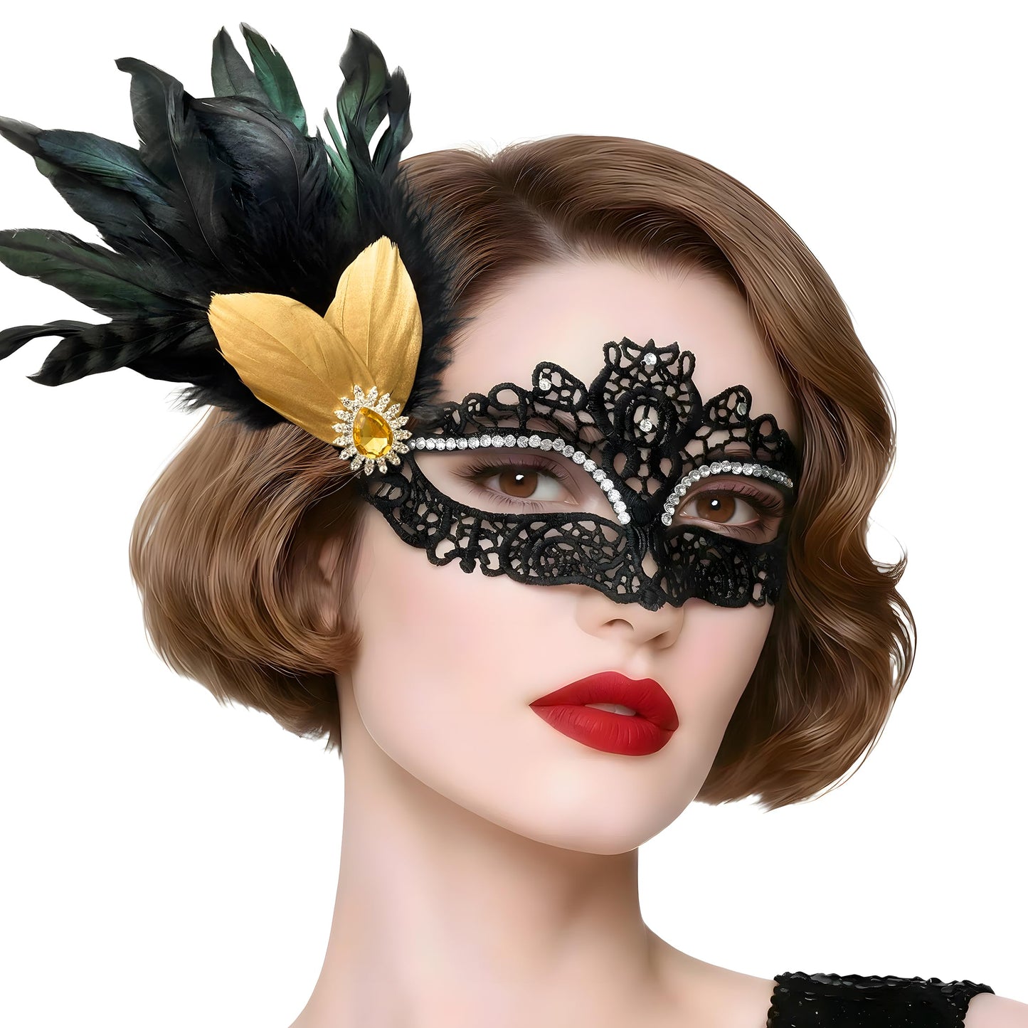 Black Lace Masquerade Mask for Women,1920s Venetian Feather Eye Mask with Gold Rhinestones for Mardi Gras Halloween