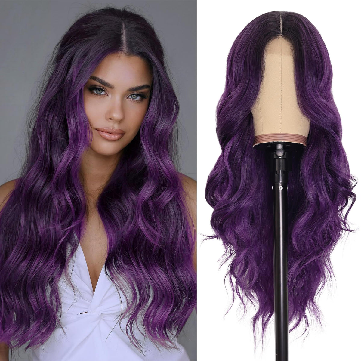 NAYOO Ice Blue Wig for Women, 26 Inch Middle Part Wavy Synthetic Wig