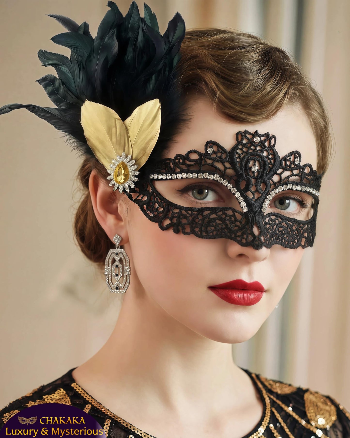Black Lace Masquerade Mask for Women,1920s Venetian Feather Eye Mask with Gold Rhinestones for Mardi Gras Halloween