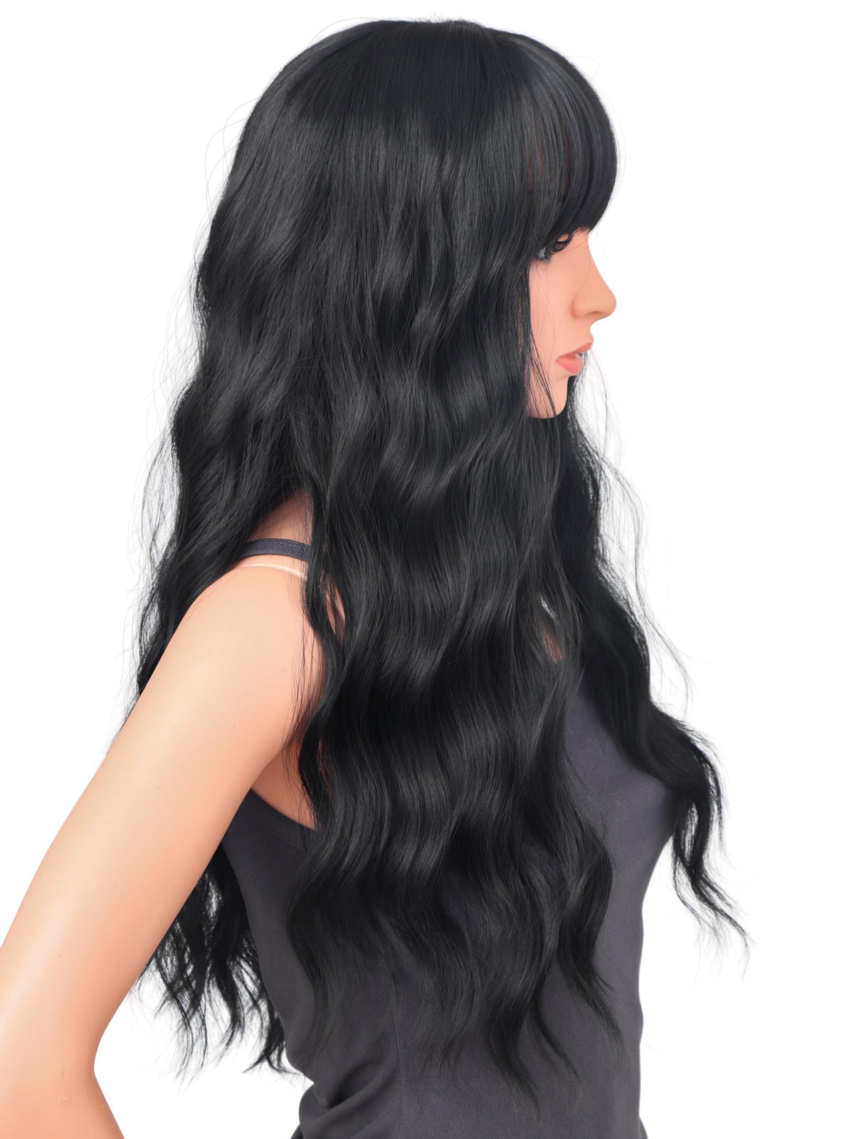 18 Inch Wavy Wig with Bangs – Black With Brown Highlights Heat Resistant Synthetic Hair, Soft Silky & Natural Looking for Women