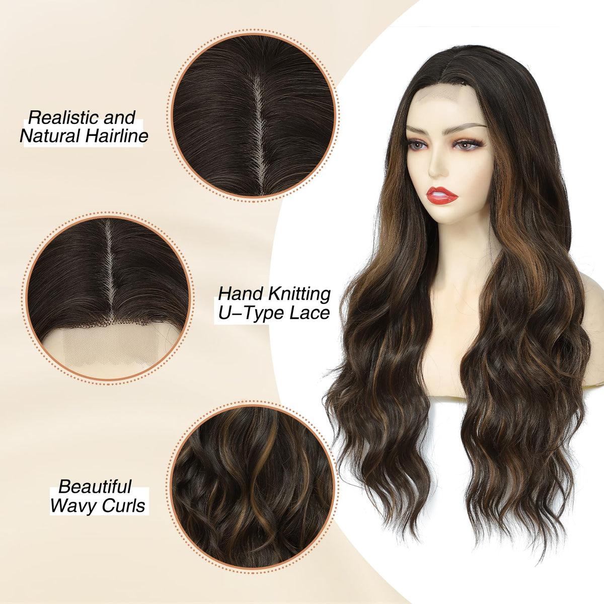 NAYOO 26 Inch Long Wavy Black Wig for Women, Middle Part Natural Looking Synthetic Wig, Heat Resistant Fiber Soft & Lightweight, Realistic Scalp Long Curly Wig for Daily Wear Party Cosplay