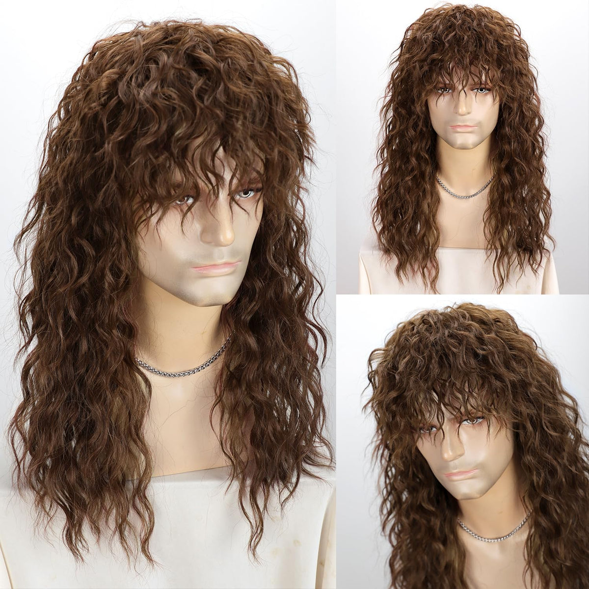 YYHR 80s Brown Wigs for Mens Mullet Rocker Costume Long Synthetic Hair Wig