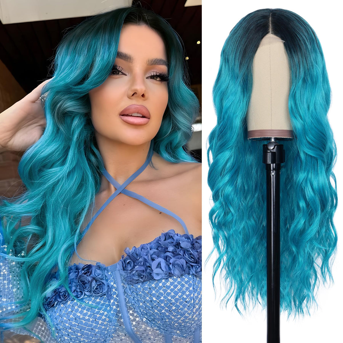 NAYOO Ice Blue Wig for Women, 26 Inch Middle Part Wavy Synthetic Wig