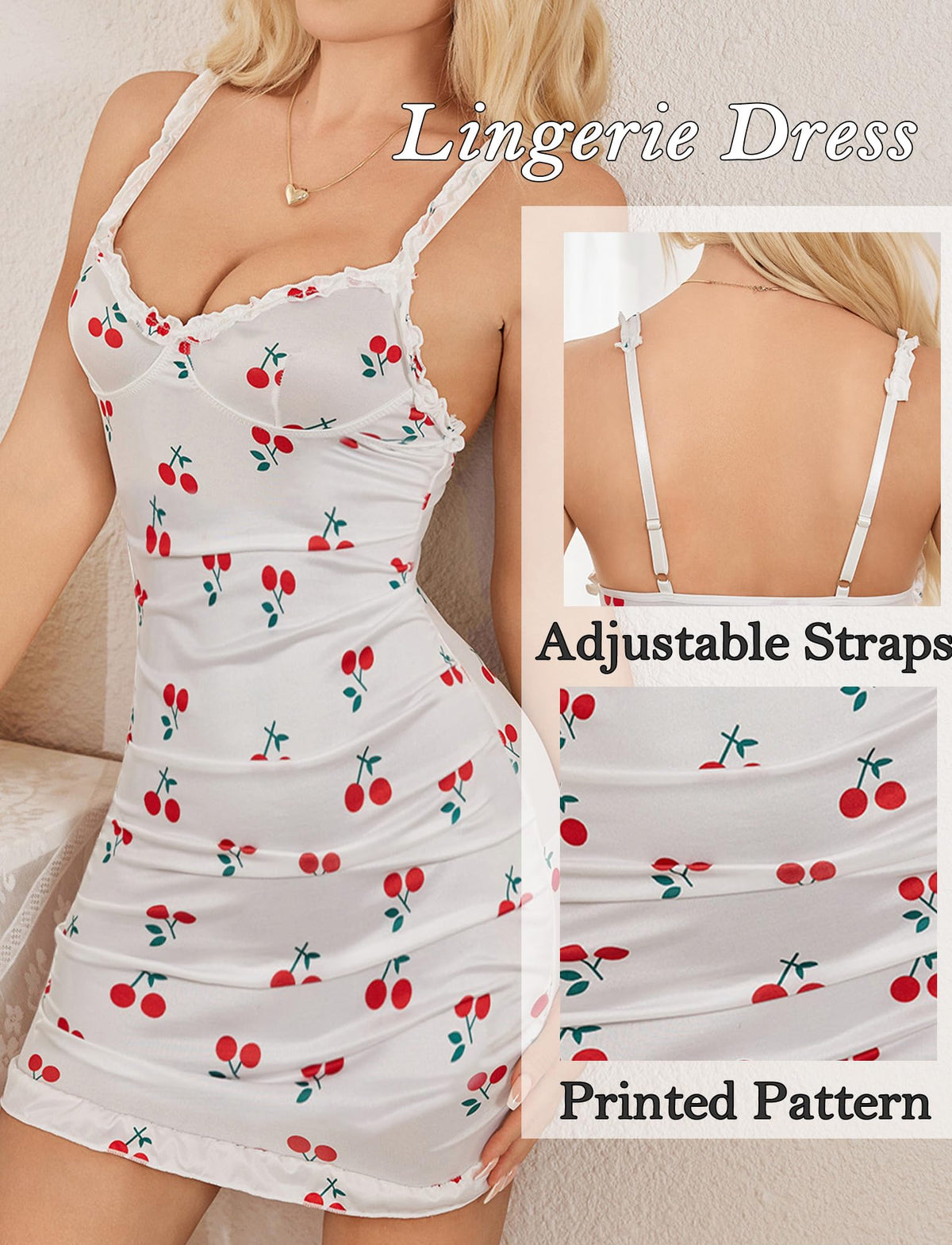 Women's Cherry Nightgown Lace Trim V Neck Babydoll Lingerie Dress Sleeveless Cami Chemise Nightwear