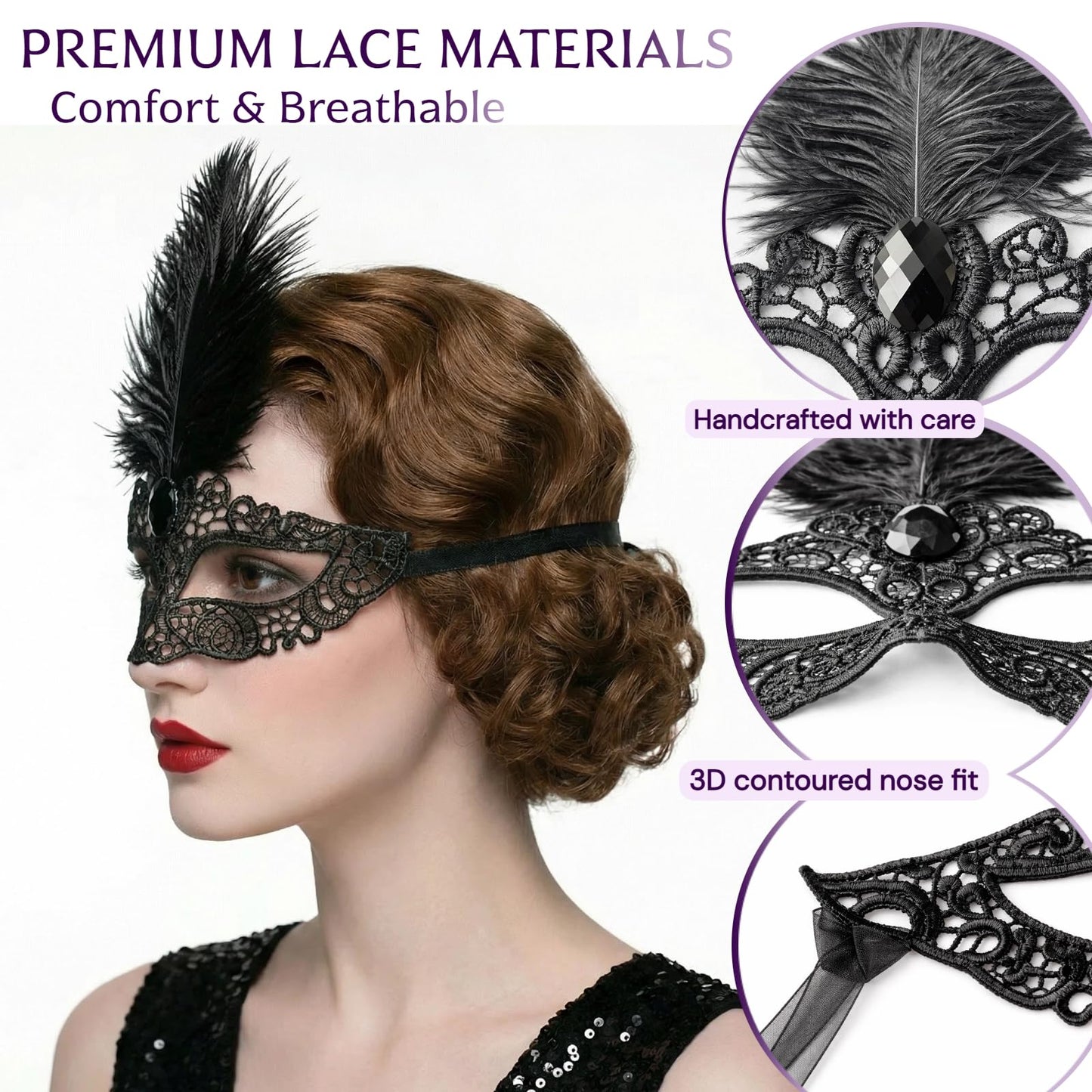 Black Lace Masquerade Mask for Women,1920s Venetian Feather Eye Mask with Gold Rhinestones for Mardi Gras Halloween