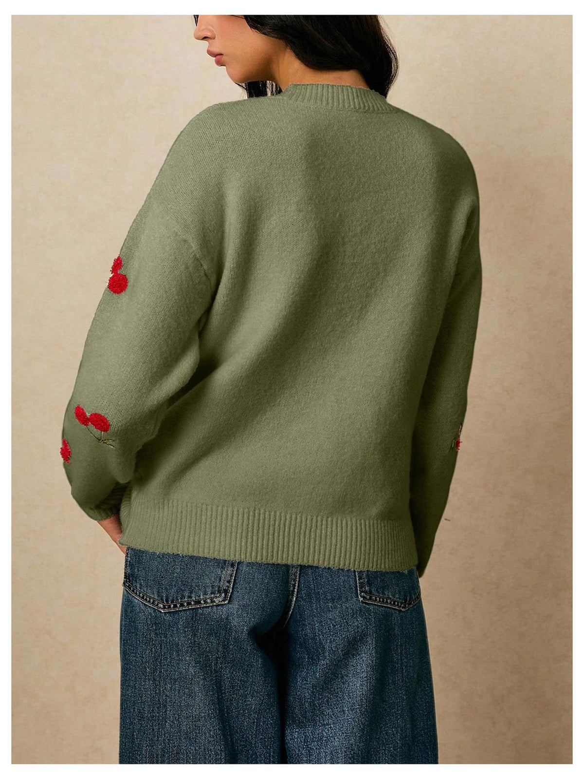 MakeMeChic Women's Cherry Embroidery Sweater Pullovers