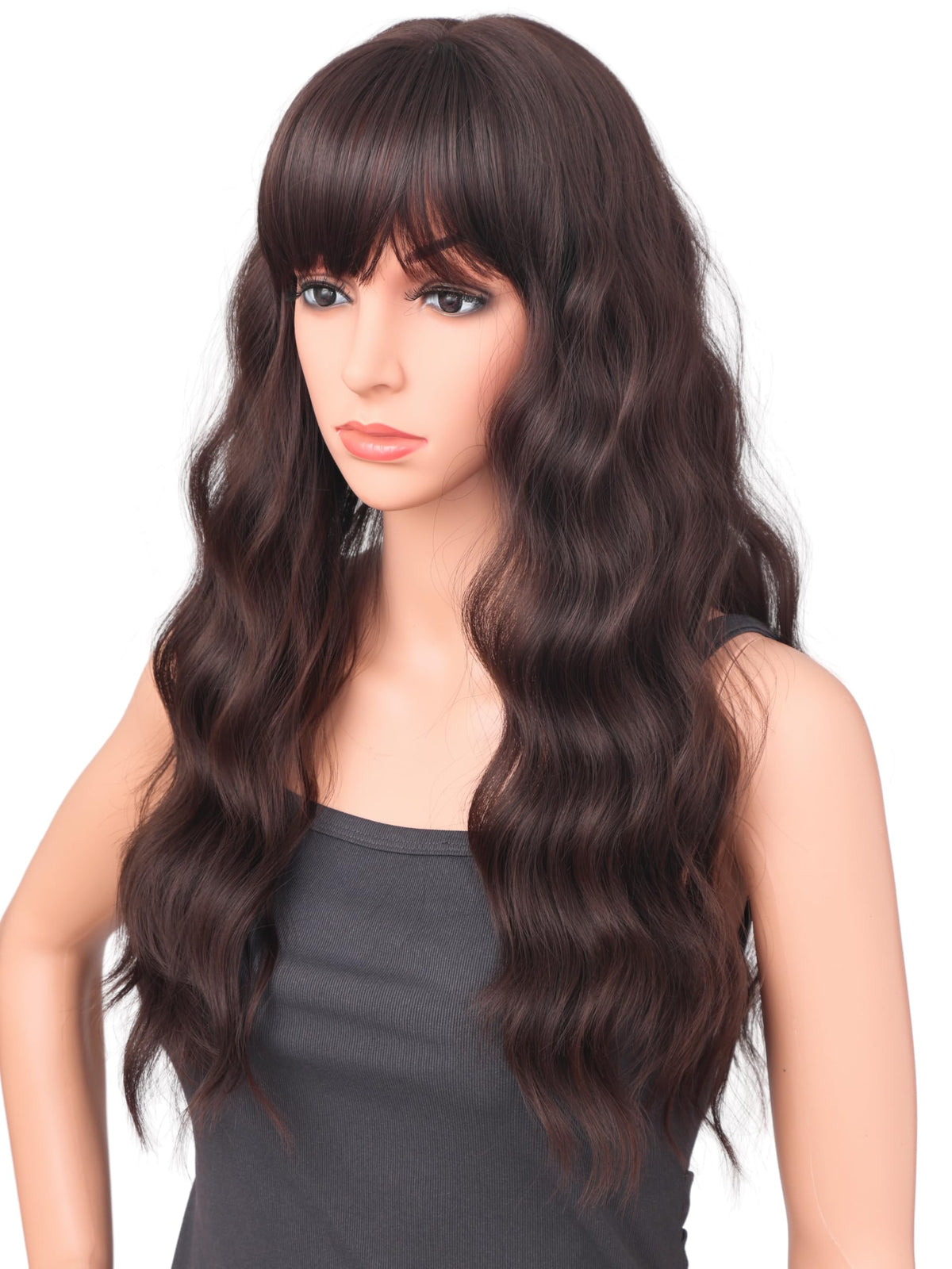 18 Inch Wavy Wig with Bangs – Black With Brown Highlights Heat Resistant Synthetic Hair, Soft Silky & Natural Looking for Women