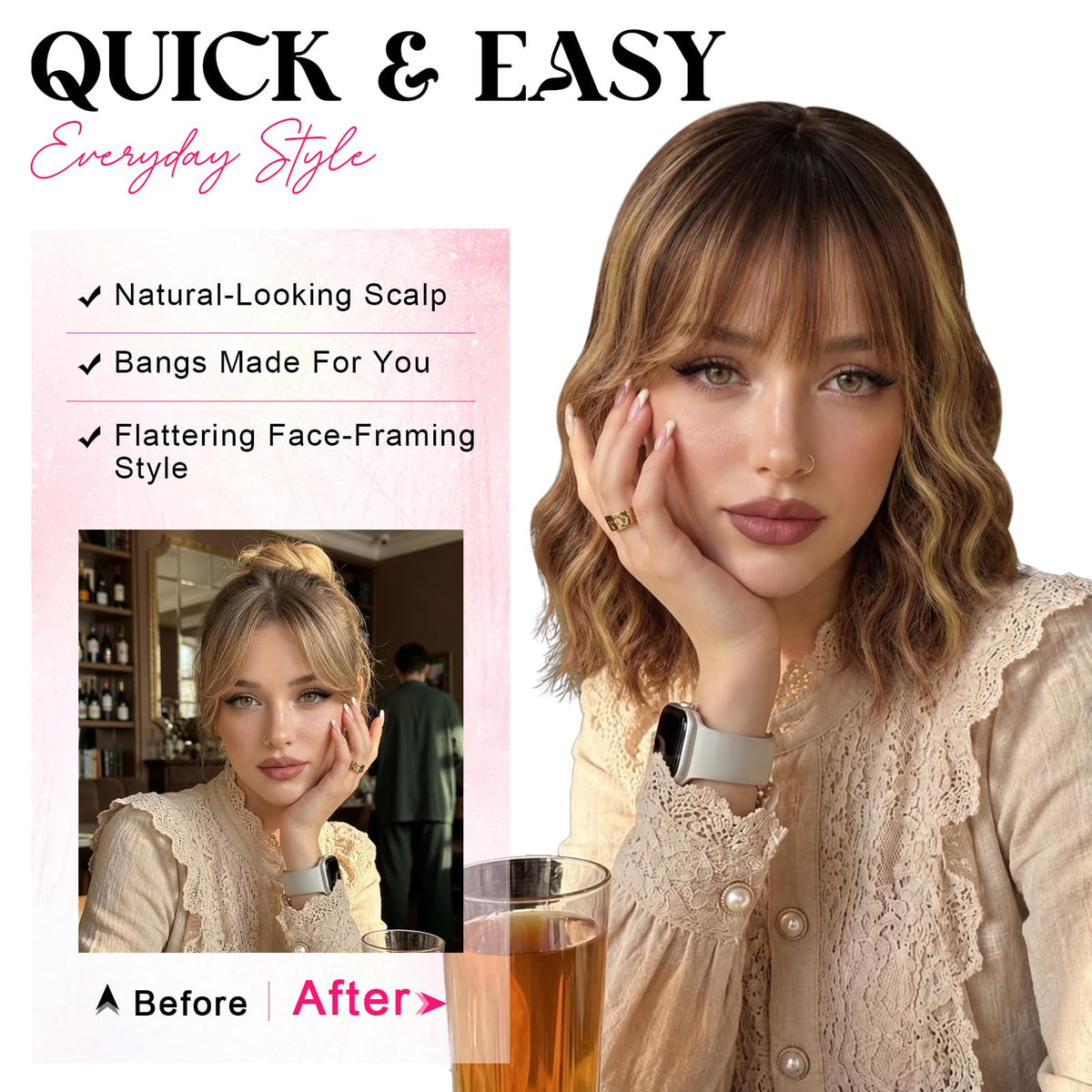 NOSTALGIA Wigs for Women, Short Wavy Bob Wig with Bangs, Trimmable Bangs, Shoulder Length, Black To Brown Heat Resistant Synthetic Wig for Daily Party Use, 14 Inch