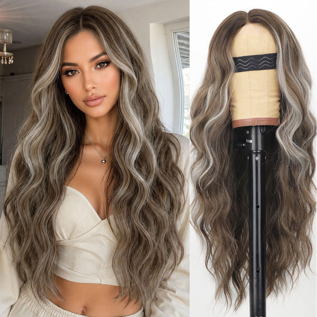 AISI HAIR Black Wig for Women, Long Wavy Lace Hairline Synthetic Wig 26Inch