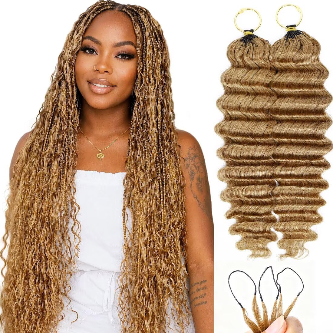 16 Inch Deep Wave Knotless Feather Crochet Human Hair #27 110g