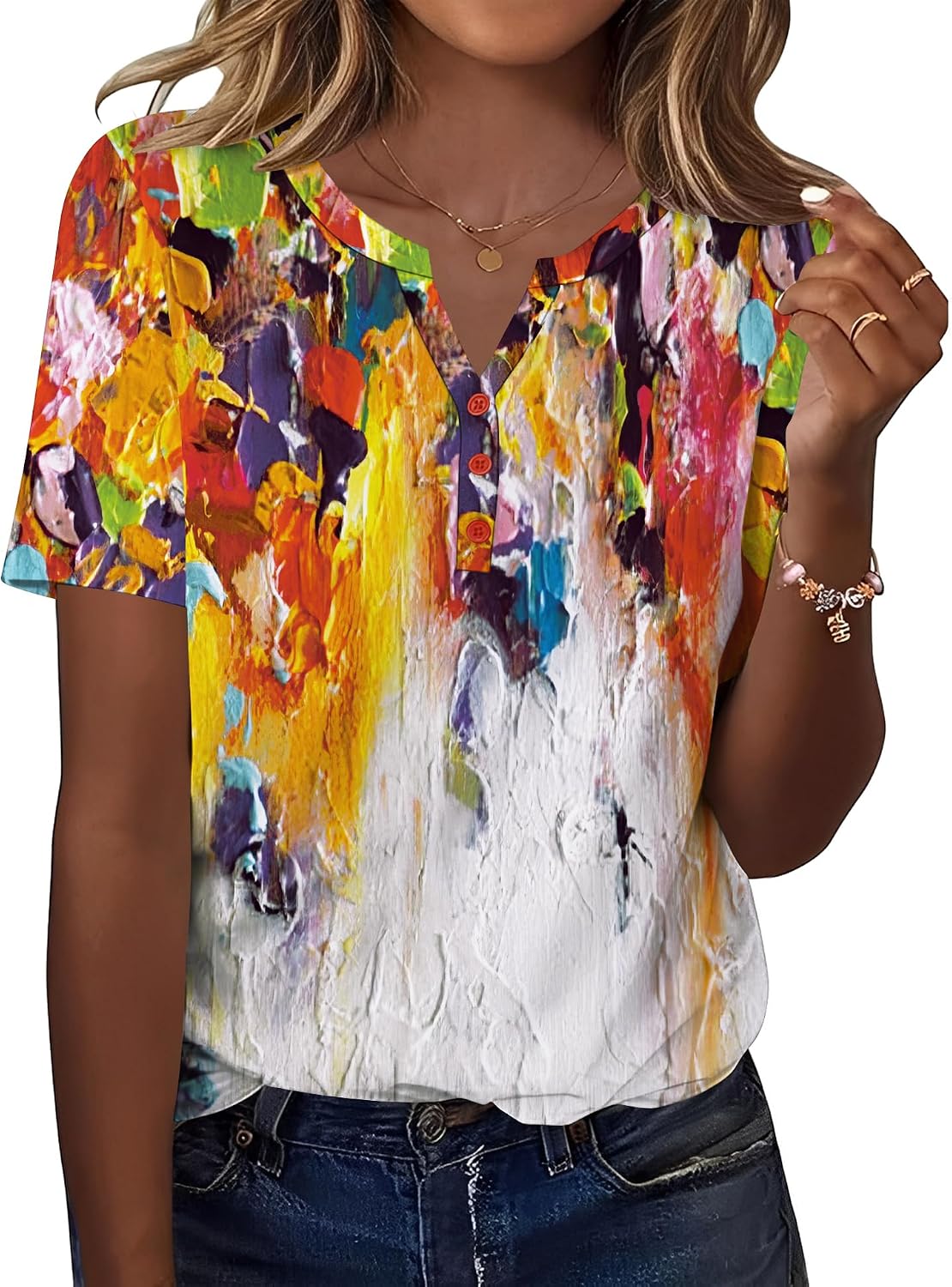 TCOT Women's Tops Dressy Casual Summer Blouses Short Sleeve Button V Neck Spring Tee Shirts