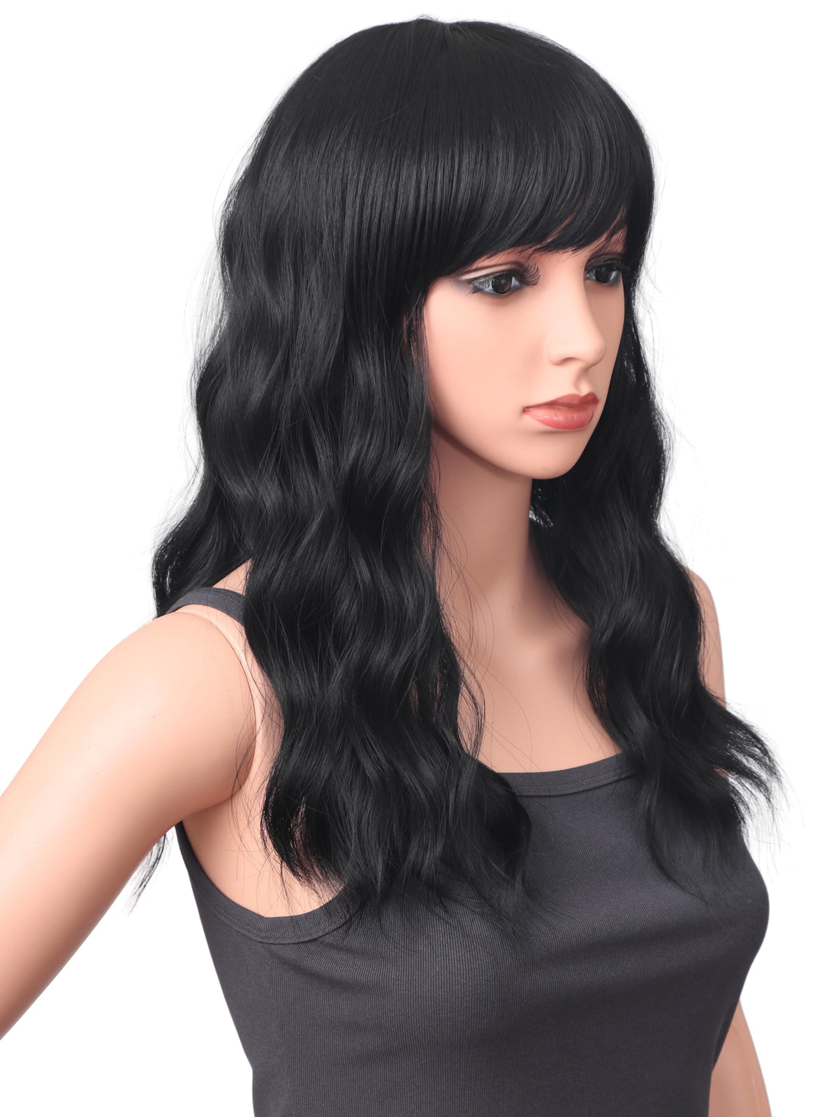 18 Inch Wavy Wig with Bangs – Black With Brown Highlights Heat Resistant Synthetic Hair, Soft Silky & Natural Looking for Women