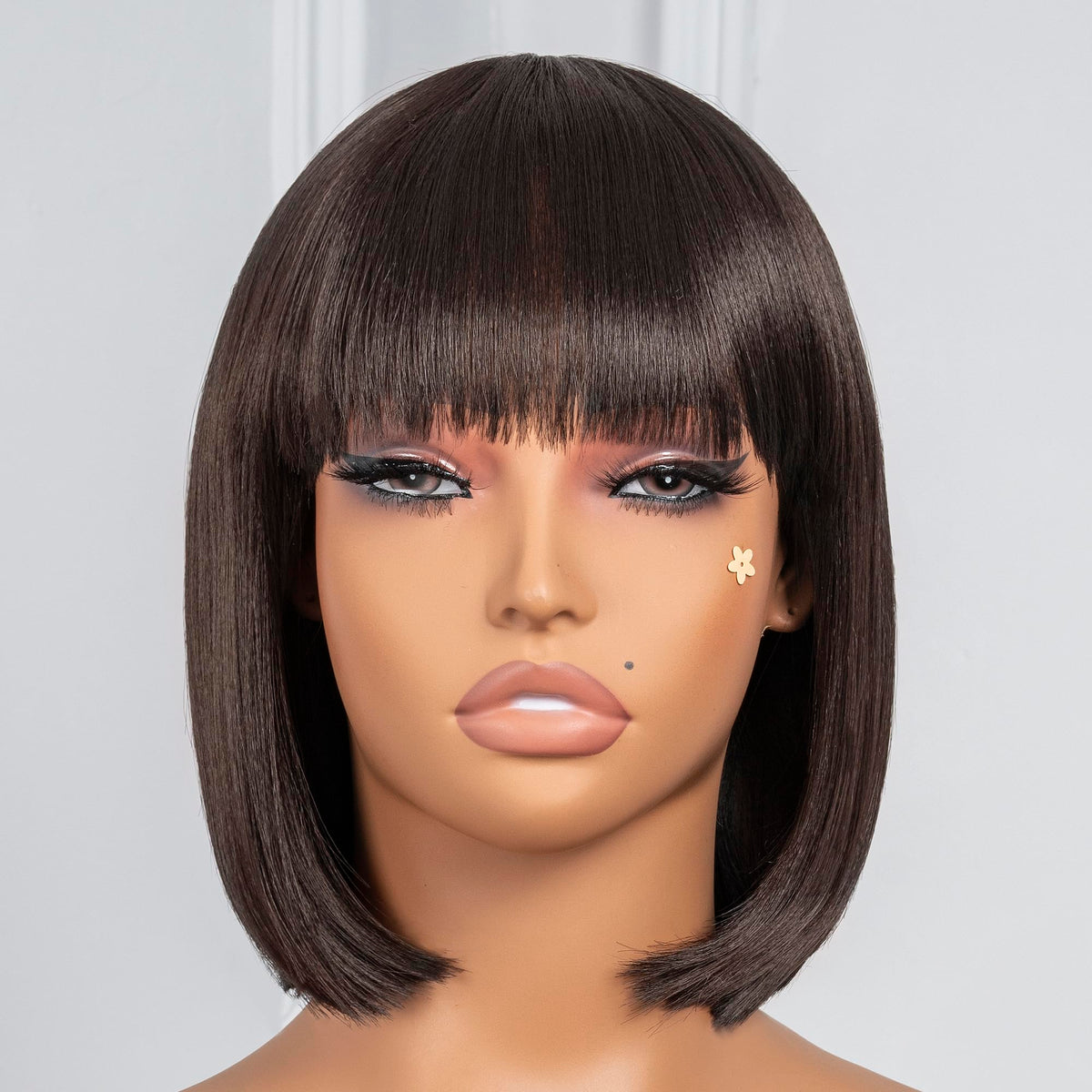 ToyoTress Bob Wig With Bangs - 12 Inch Peek-a-boo Color Short Bob Wig For Black Women Black Mix Brown Daily Costume Wigs, Light Yaki Straight Synthetic Hair Wigs Heat Resistant (12 Inch, SH30-612H)