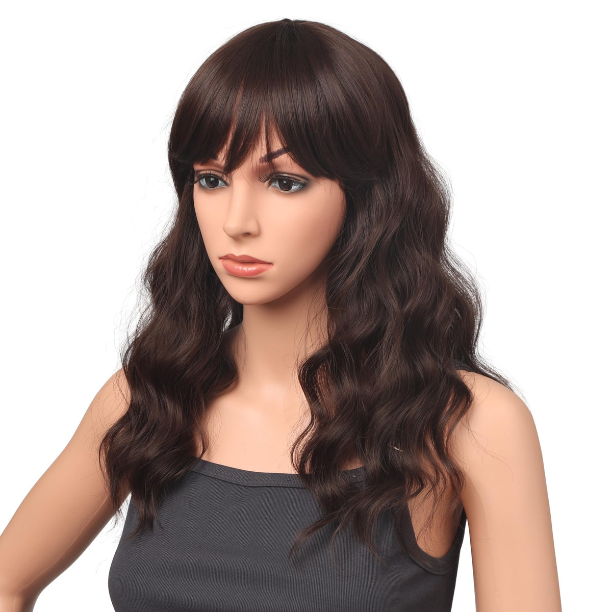 18 Inch Wavy Wig with Bangs – Black With Brown Highlights Heat Resistant Synthetic Hair, Soft Silky & Natural Looking for Women