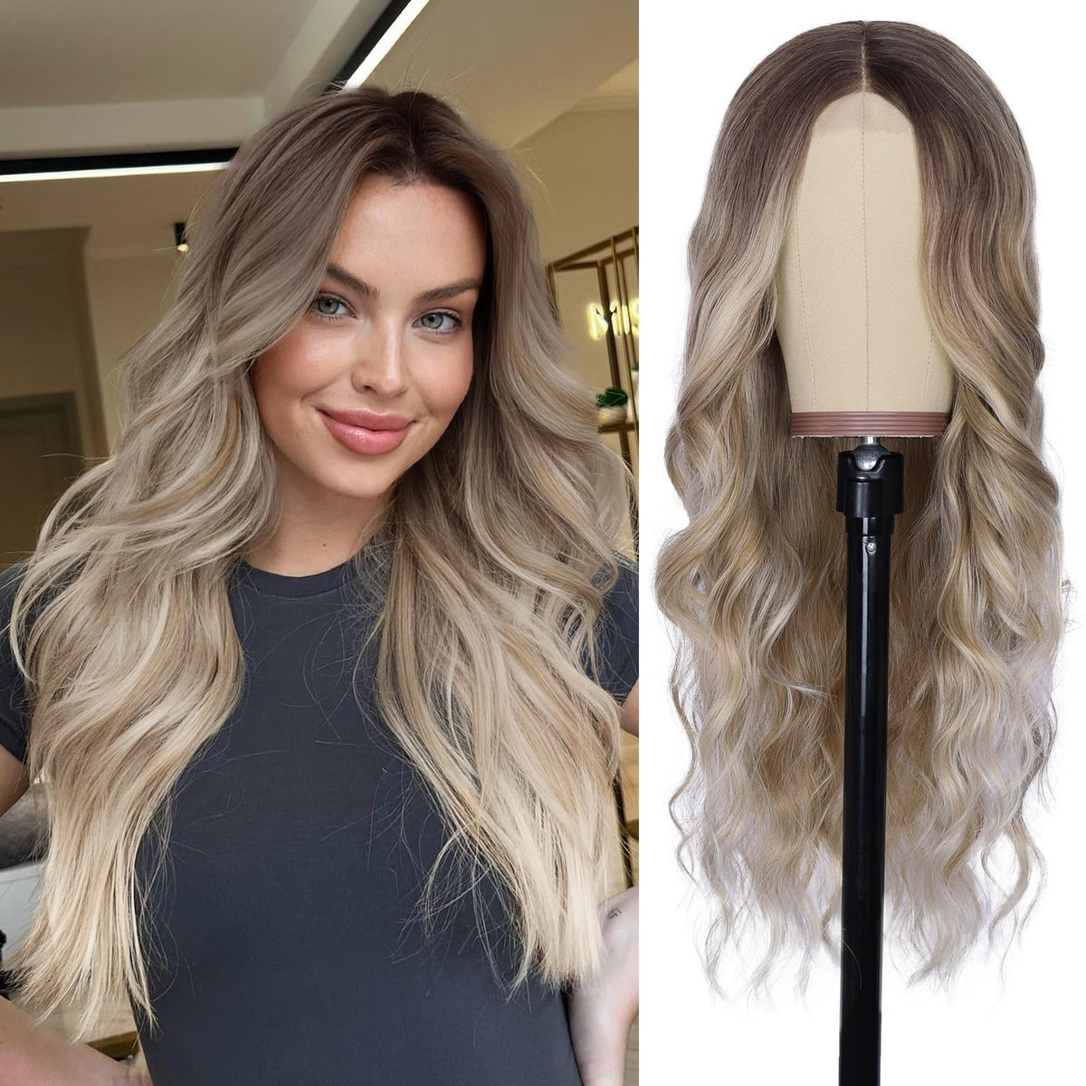NAYOO Ice Blue Wig for Women, 26 Inch Middle Part Wavy Synthetic Wig