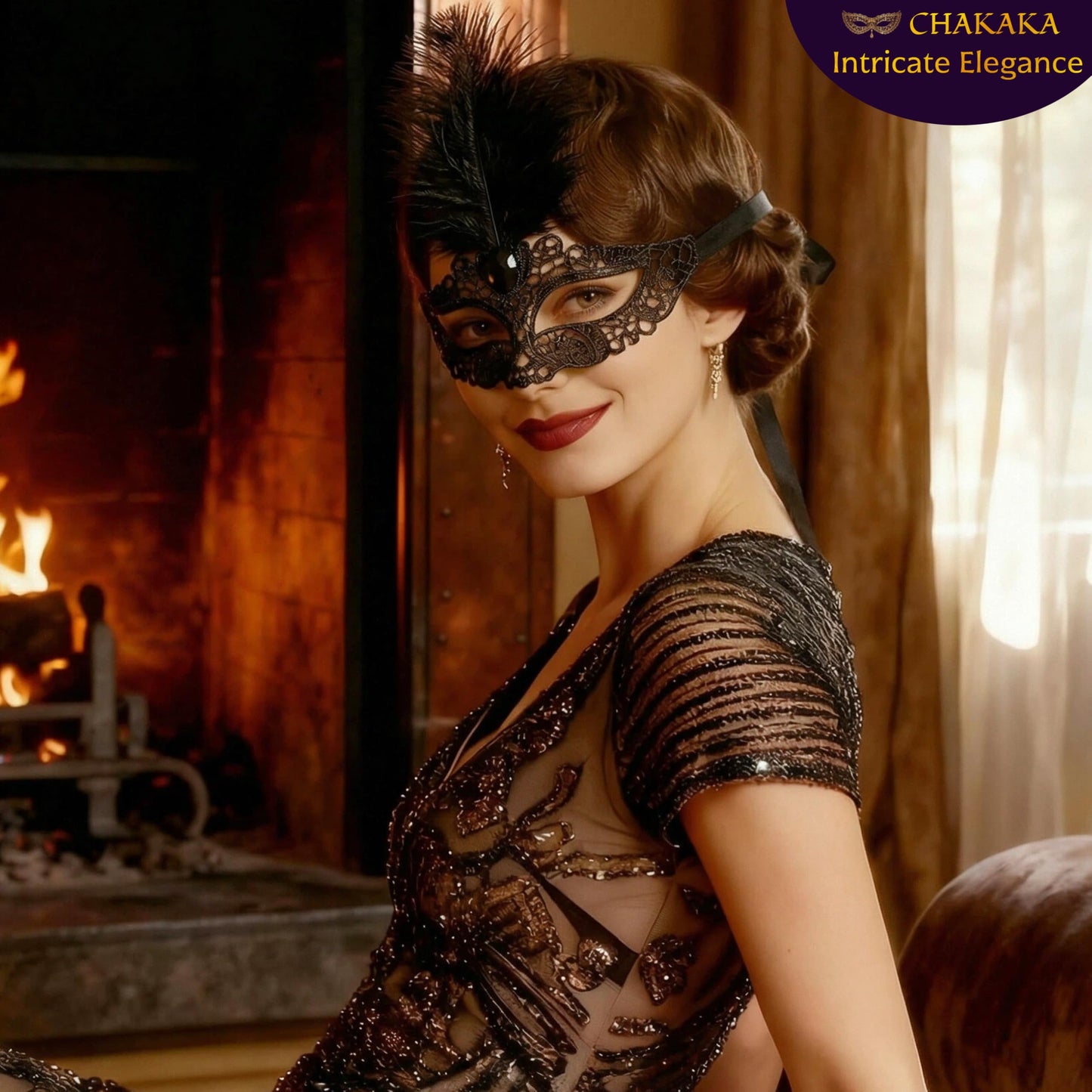 Black Lace Masquerade Mask for Women,1920s Venetian Feather Eye Mask with Gold Rhinestones for Mardi Gras Halloween