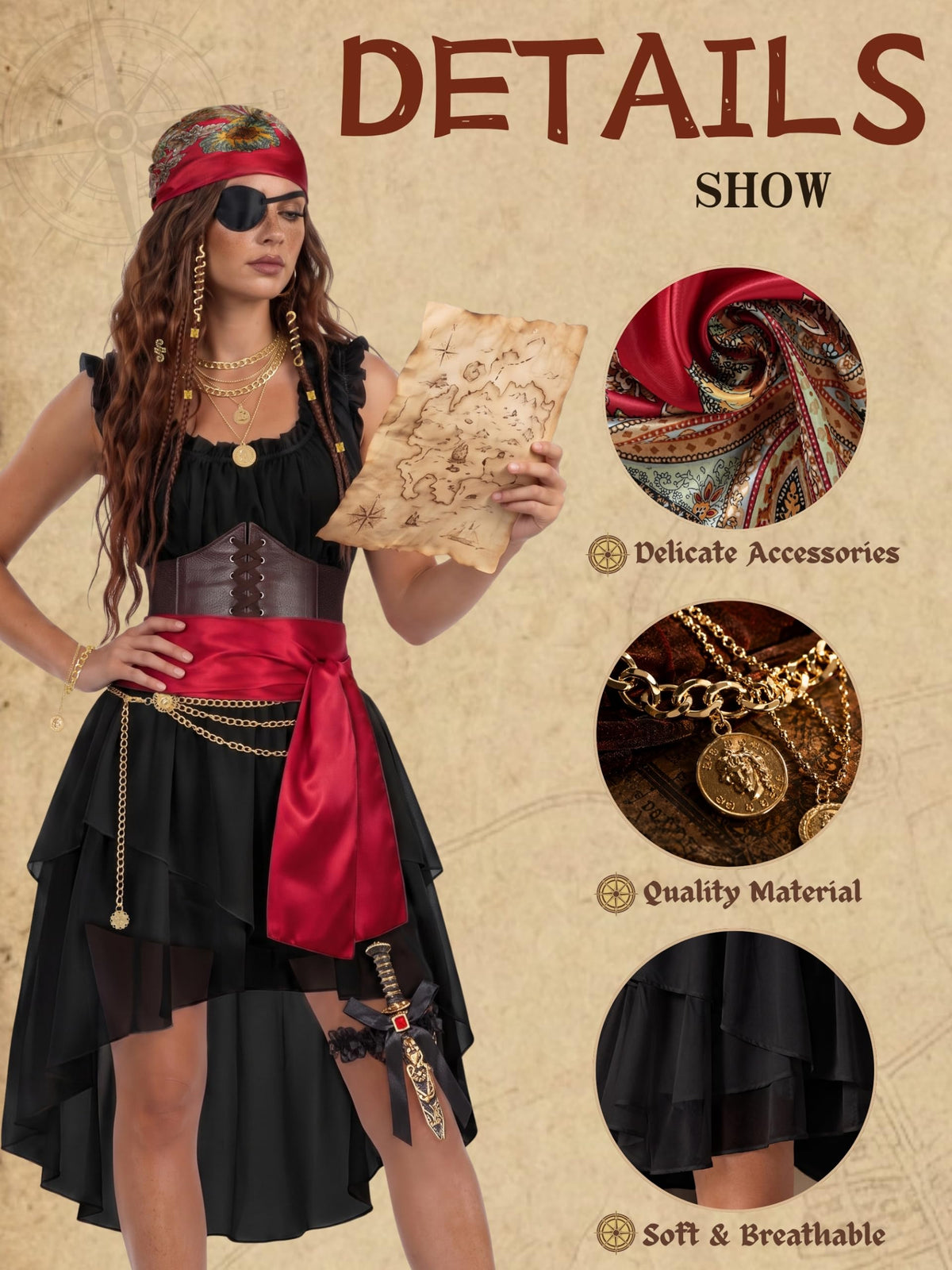 Women's Pirate Costume 10 Pcs Renaissance Halloween Ren Faire LARP Outfit