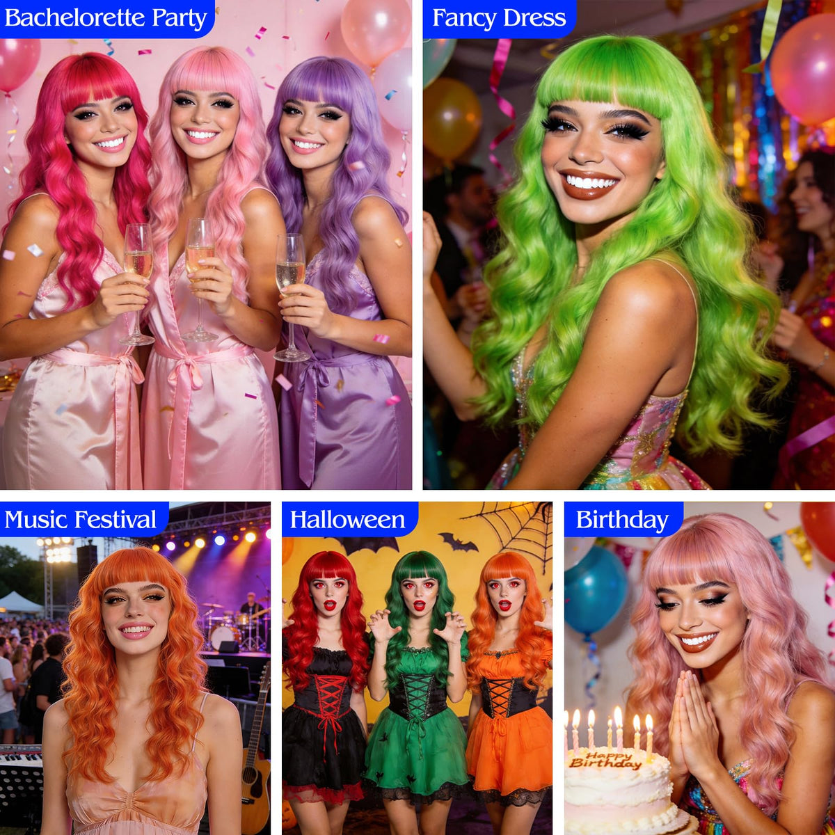 Purple Wig for Women Long Wavy Hair with Heart Sunglasses, Colorful Curly Wigs with Bangs for Birthday Nightclubs Music Festival Photography Funny Bachelorette Mardi Gras Party Supplies